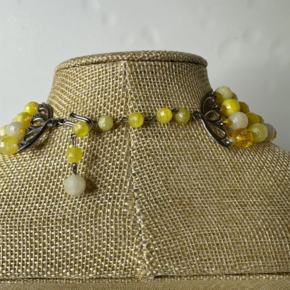 Vintage Yellow Beaded‎ Four Strand Statement Necklace Plastic Layered Sunny Mod